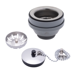 2 inch Straight Drain, Low Profile, 1-1/4 inch Male Thread, with Strainer & Chain Stopper (Brushed Finish) | Ambassador Marine S00-1104-BP-R