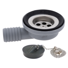 1-1/2 inch 95 Degree Drain, Low Profile, 1 inch Hose Barb, with Chain Stopper (Ultra-Mirror Finish) | Ambassador Marine S01-0101-UP-R